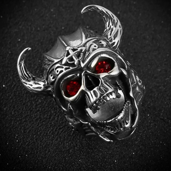 Men's Stainless Steel Gothic Vintage Red Eyes Skull Ring Knights Templar Helmet - Picture 5 of 7